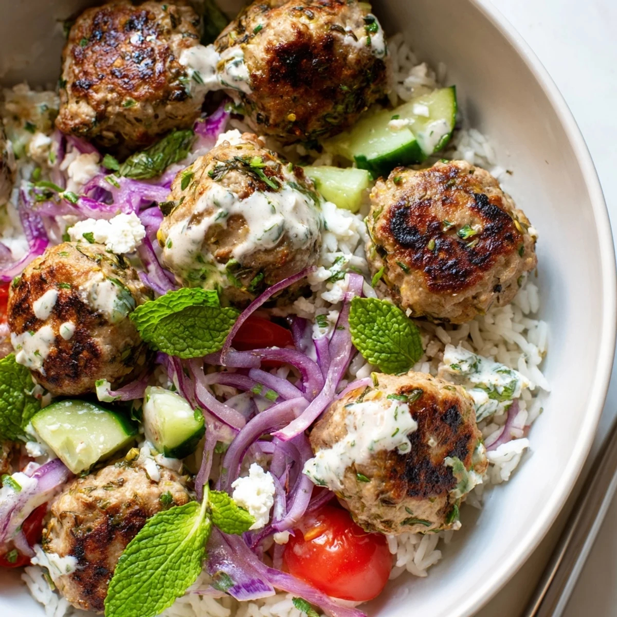 Steaming rice bowls loaded with herb-spiced Mediterranean zaatar turkey meatballs crisp cabbage and bright tomatoes