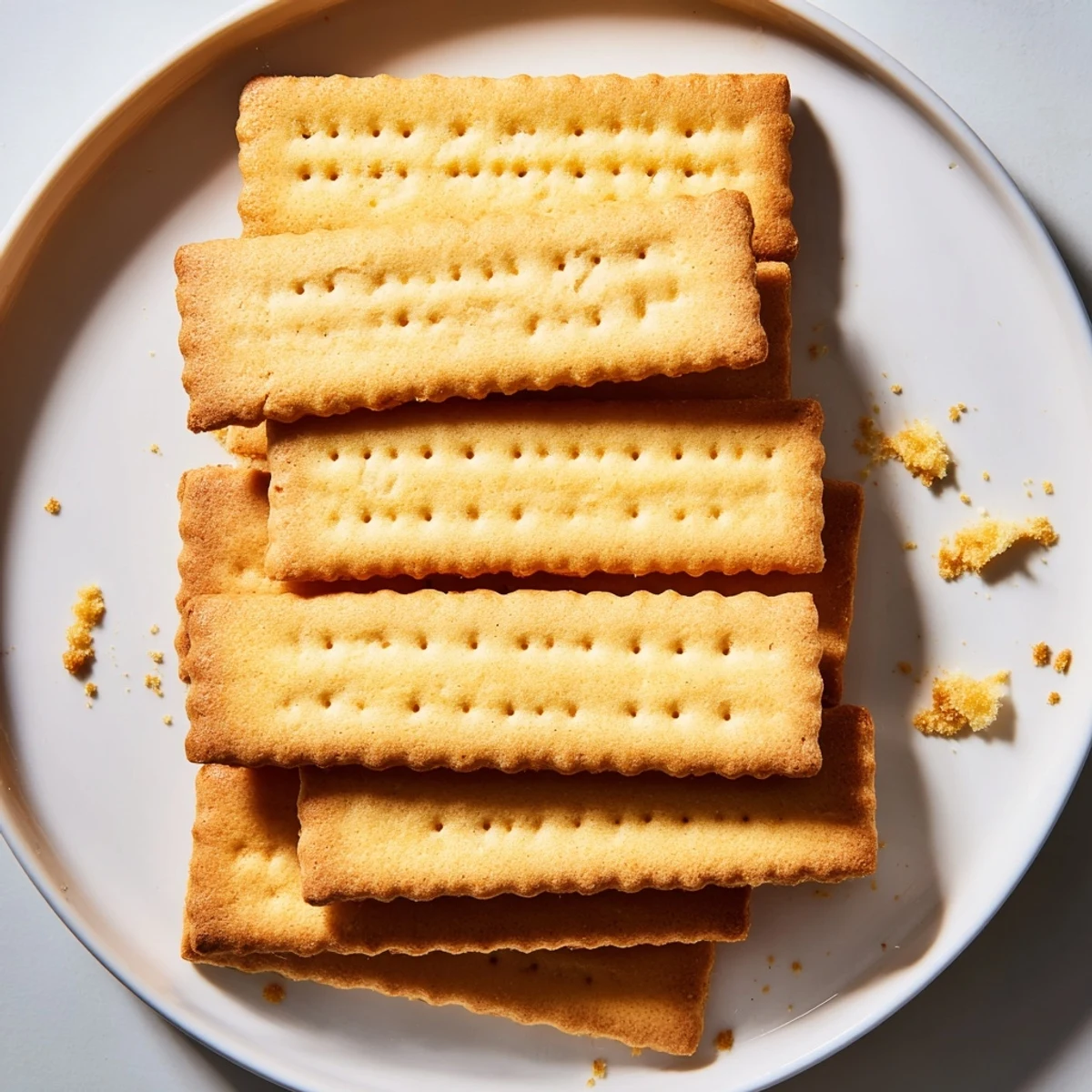 Golden Petit Beurre cookies arranged on a rustic wooden board beside a steaming cup of tea