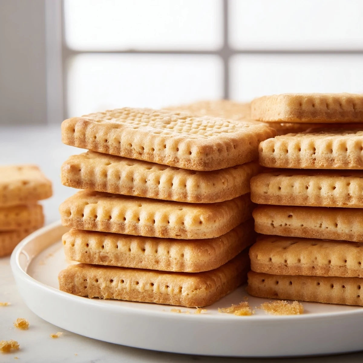 Crispy Petit Beurre biscuits with fork-poked edges cooling on a wire baking rack