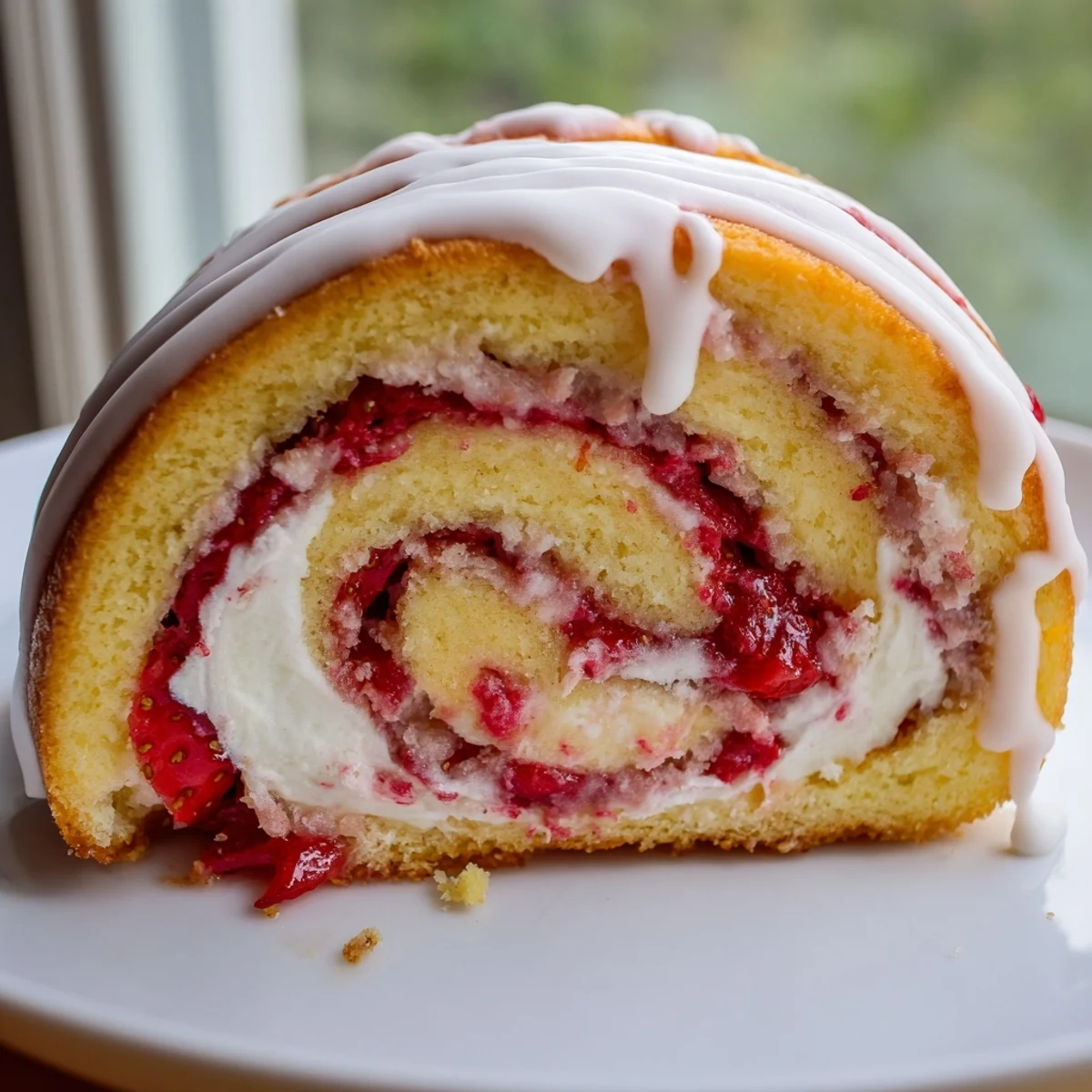 Golden strawberry cheesecake rolls drizzled with sweet vanilla glaze on a rustic baking dish