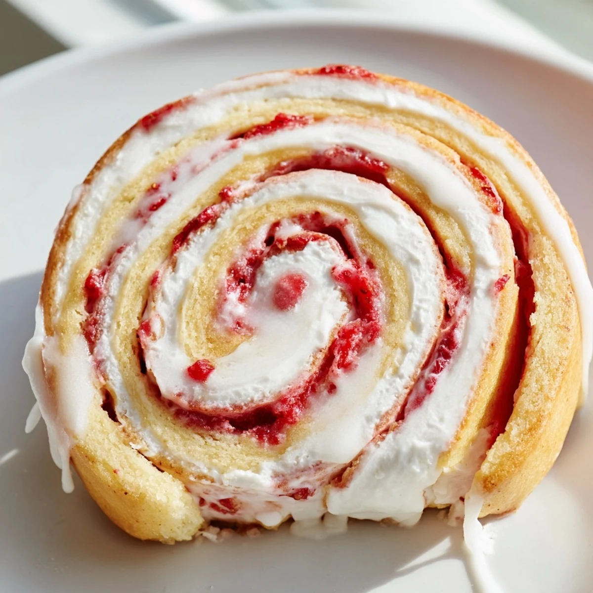 Soft swirled strawberry cheesecake rolls oozing creamy filling and topped with powdered sugar glaze