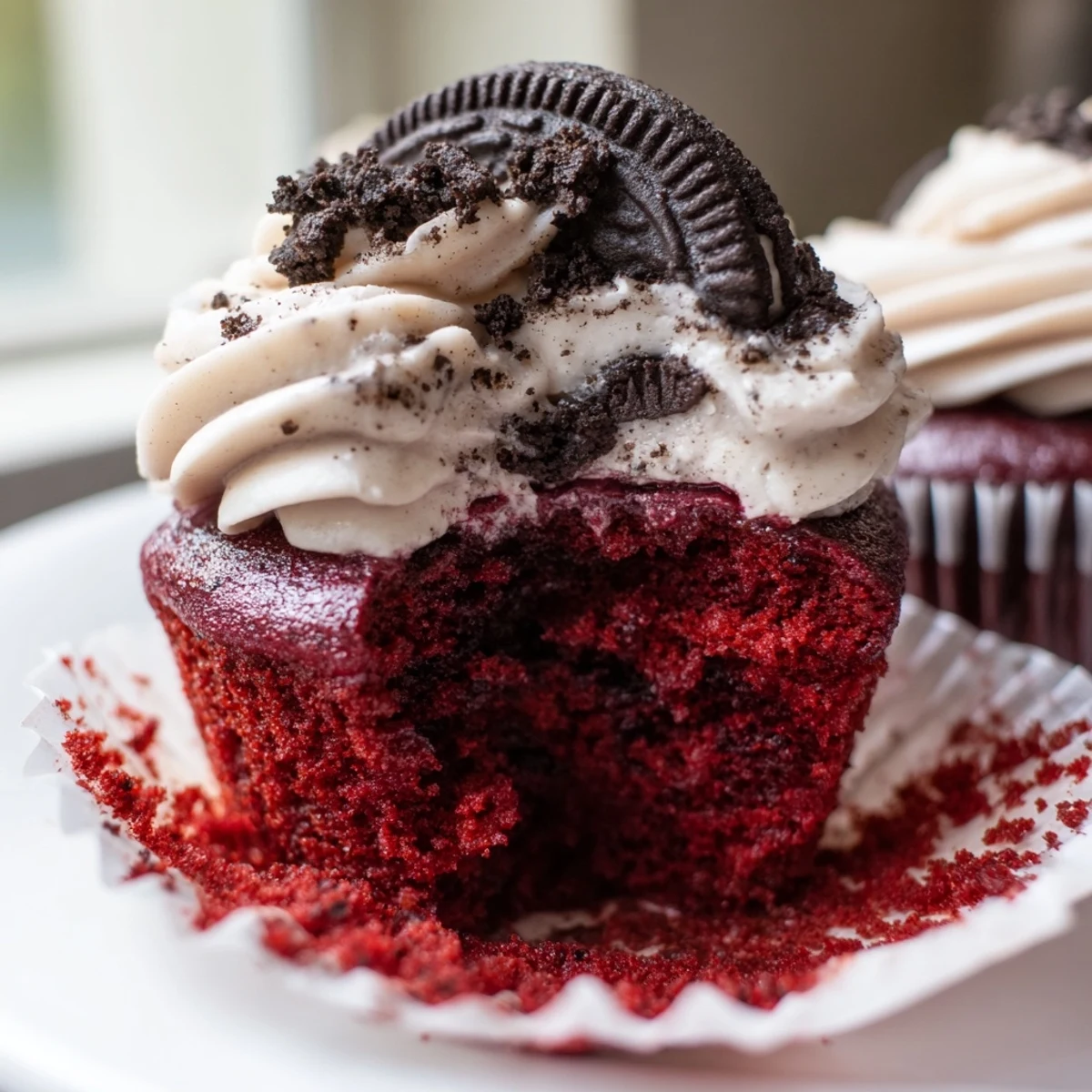 Red Velvet Oreo Cupcakes topped with creamy cookies and cream frosting on a rustic plate