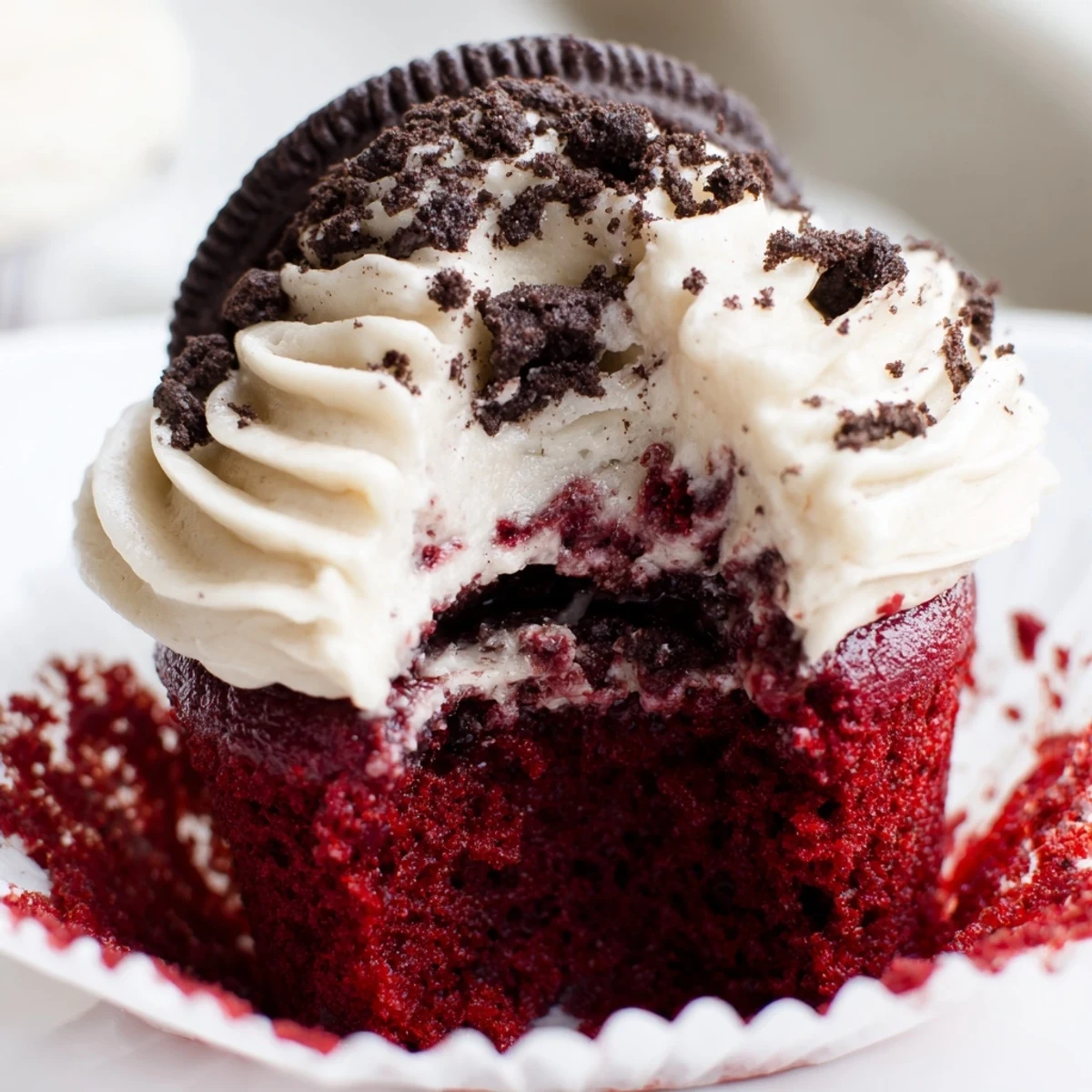 A close-up of Red Velvet Oreo Cupcakes with swirls of fluffy cream cheese frosting