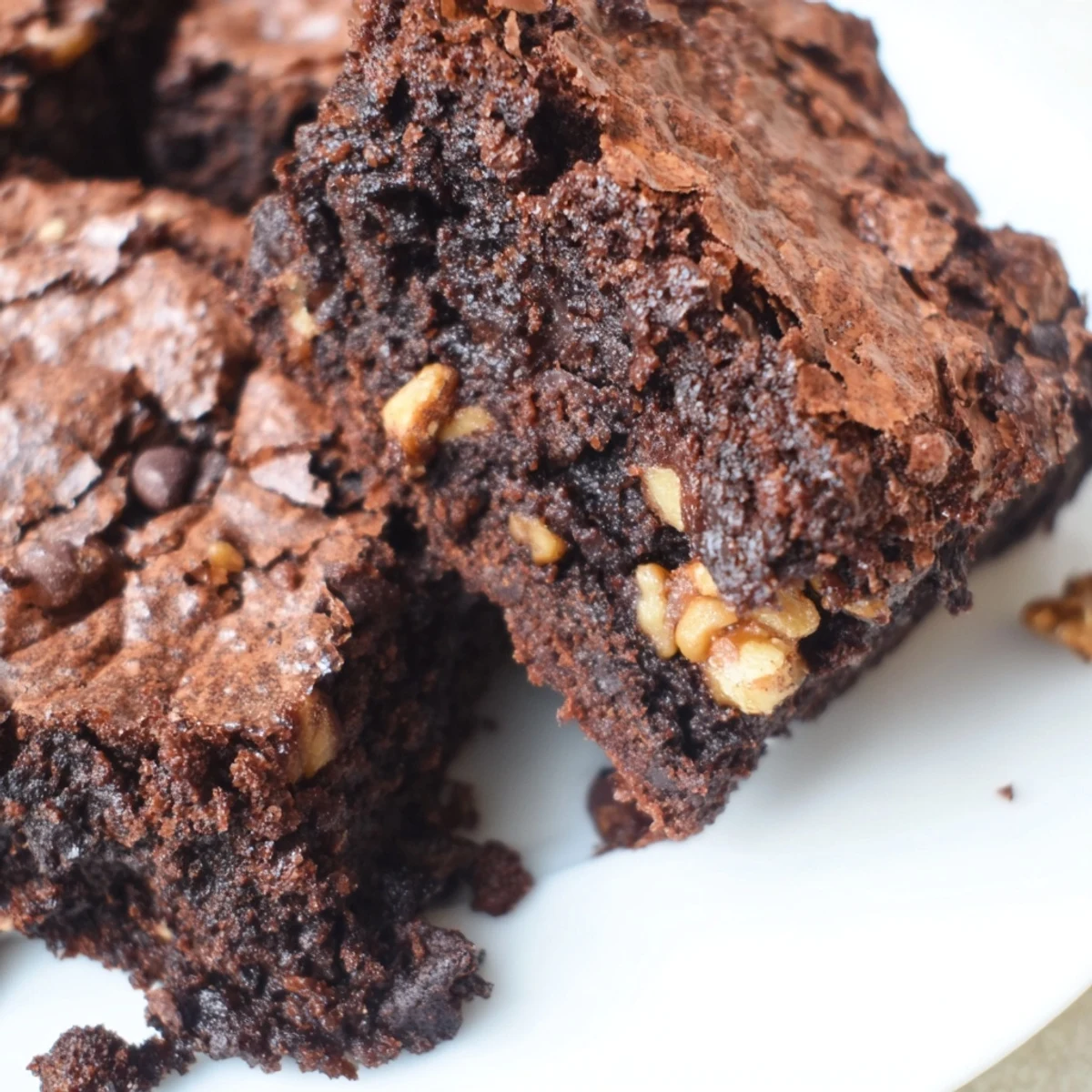 Fudgy brownie squares with a shiny crackly crust, cut and stacked on a rustic wooden board