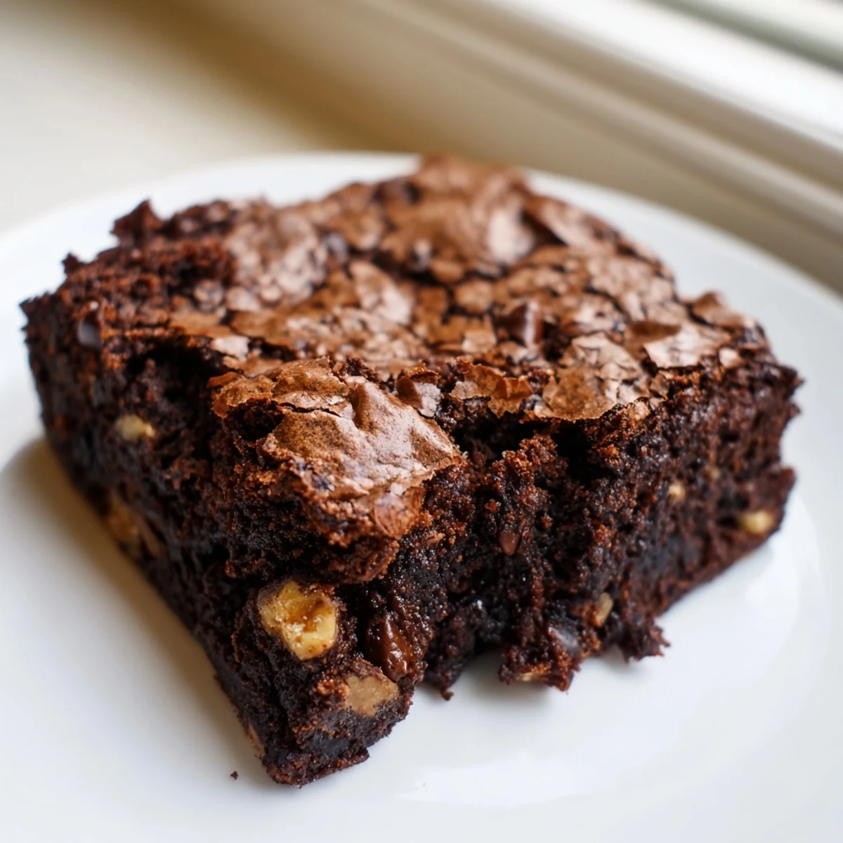 Rich chocolate brownie fresh from the oven, dusted with cocoa and served warm on a plate