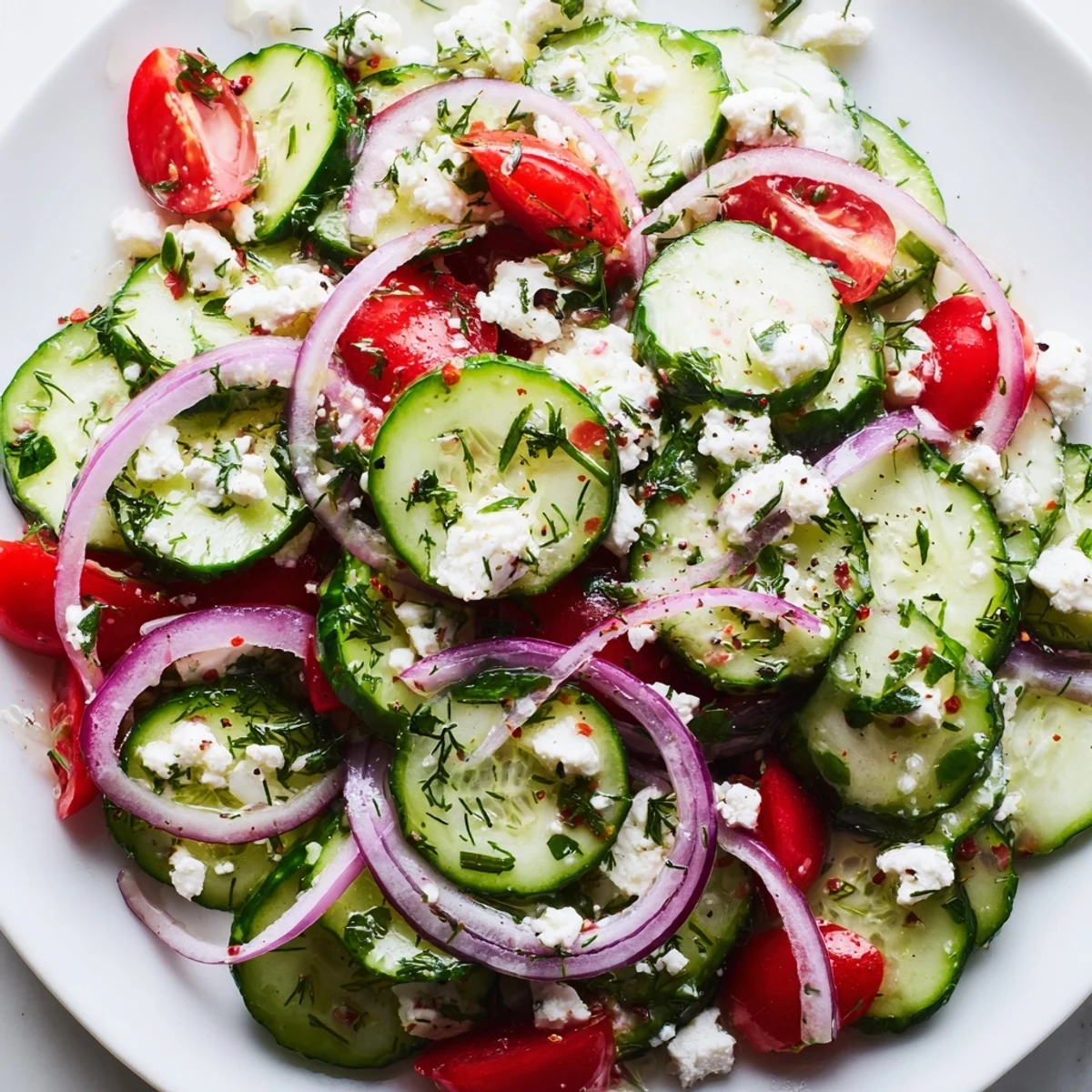 Creamy crumbled feta tops a bright feta cucumber herb salad in a rustic bowl