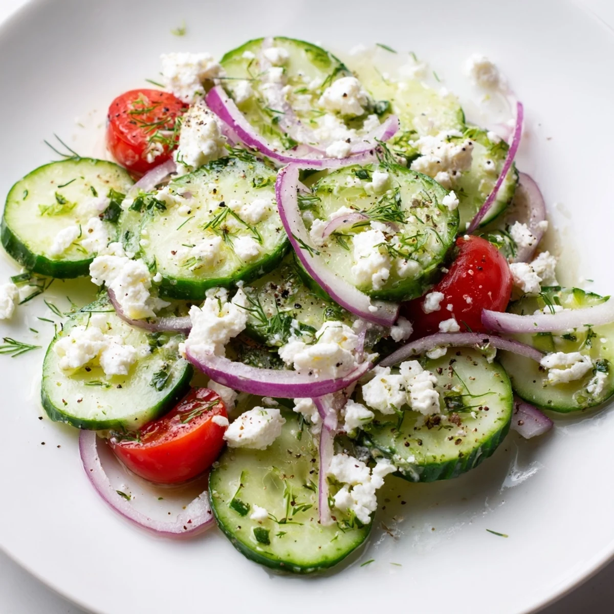 A close-up of feta cucumber herb salad tossed with fresh dill mint and parsley