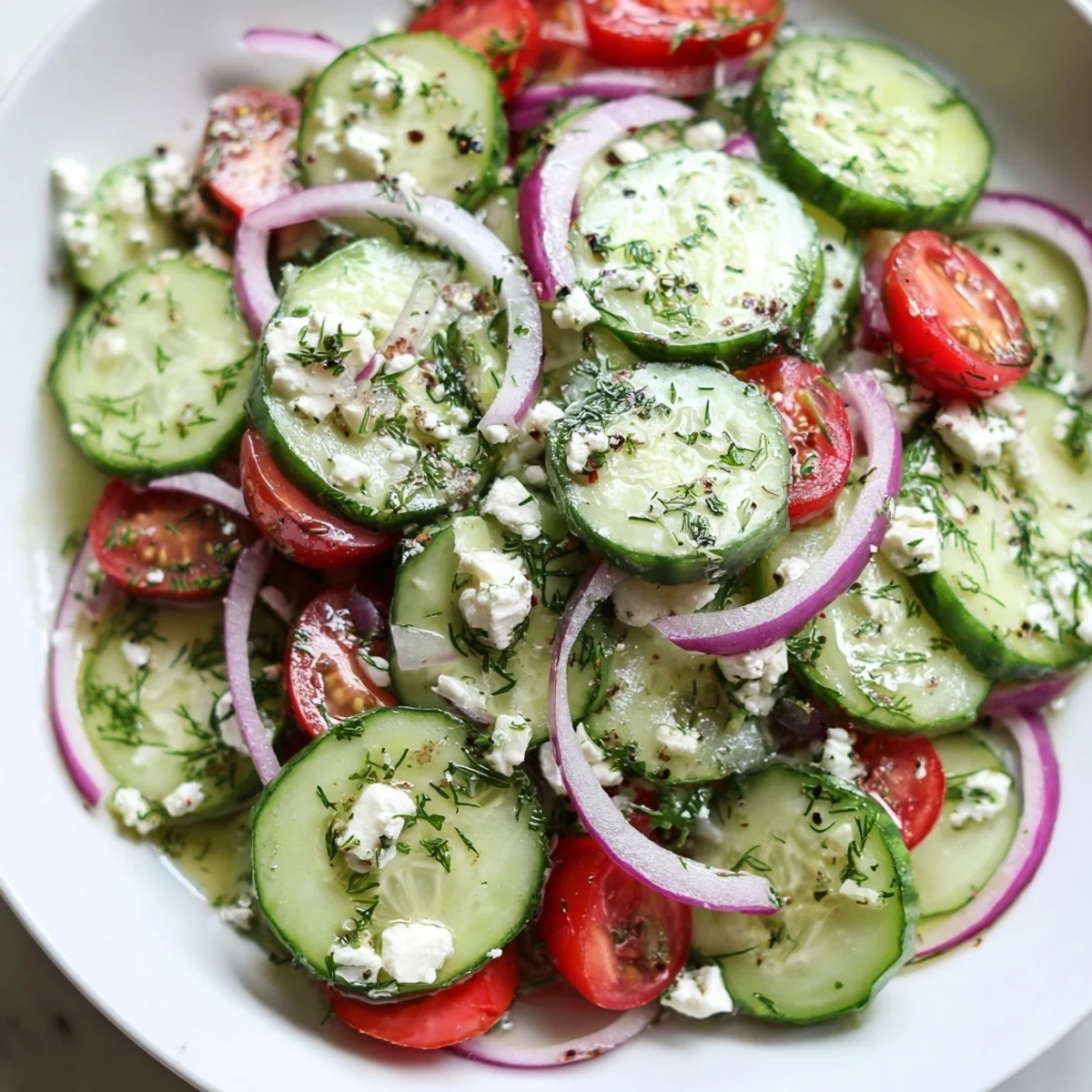 Crisp cucumber slices and juicy tomatoes glisten in this refreshing feta cucumber herb salad