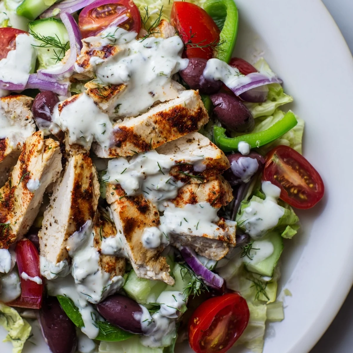 Juicy grilled Greek Chicken Salad with creamy whipped feta dressing on crisp greens