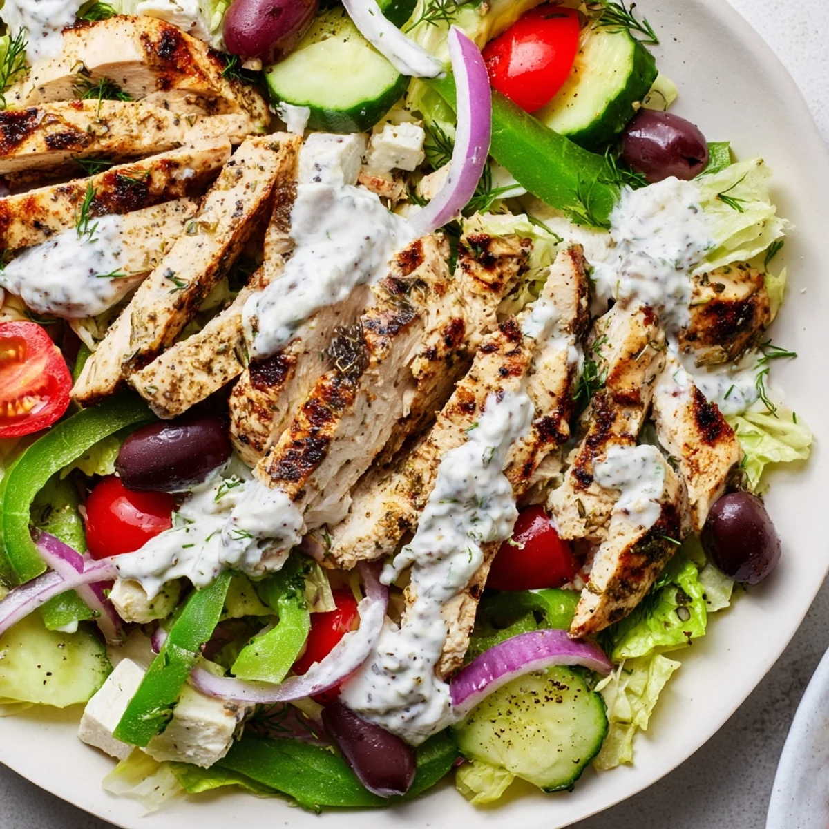 Colorful Mediterranean Greek Chicken Salad drizzled with velvety whipped feta dressing