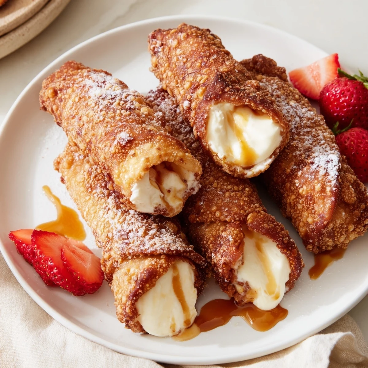 Golden crispy cheesecake egg rolls dusted with powdered sugar on a rustic plate