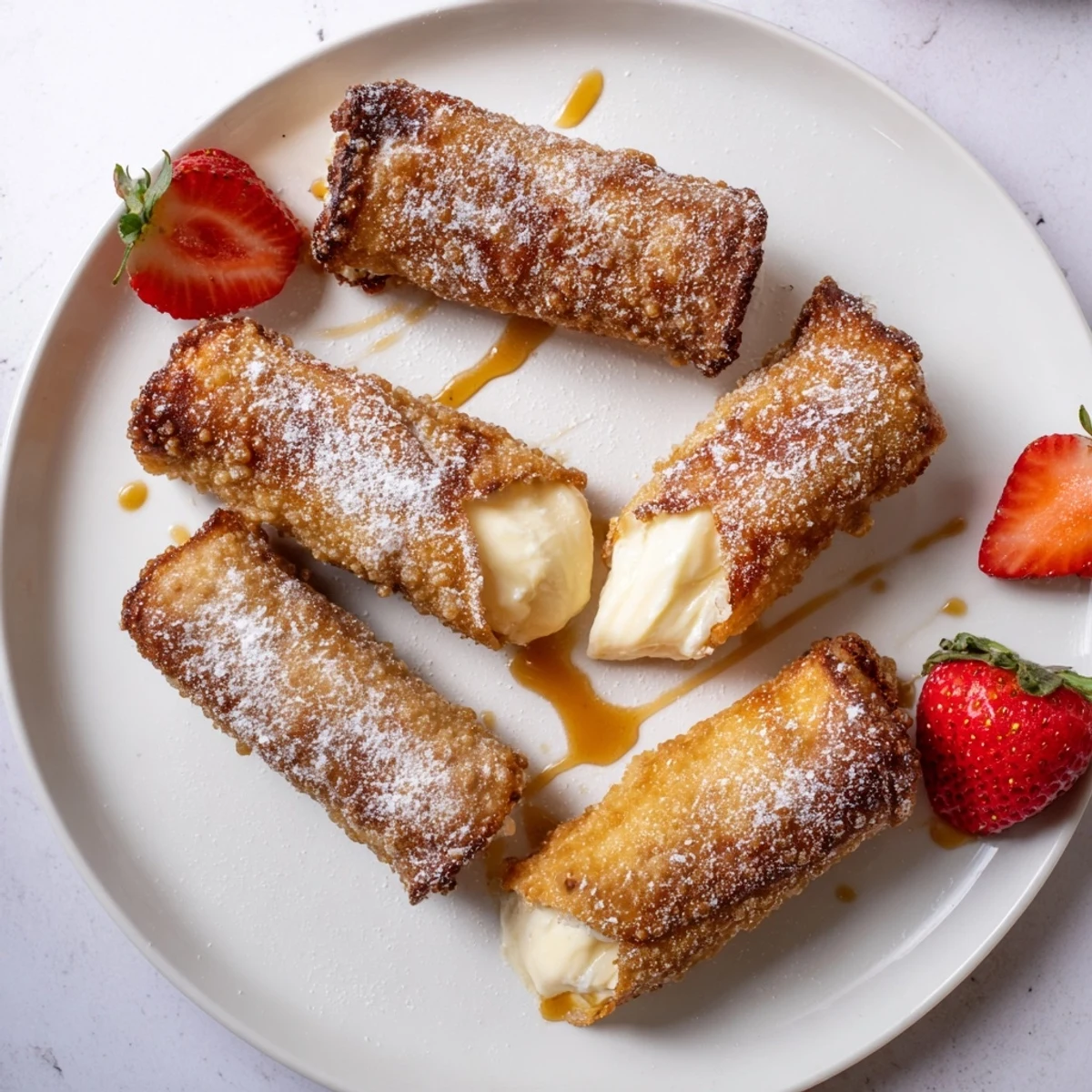 Creamy cheesecake egg rolls served warm with fresh strawberries and chocolate drizzle