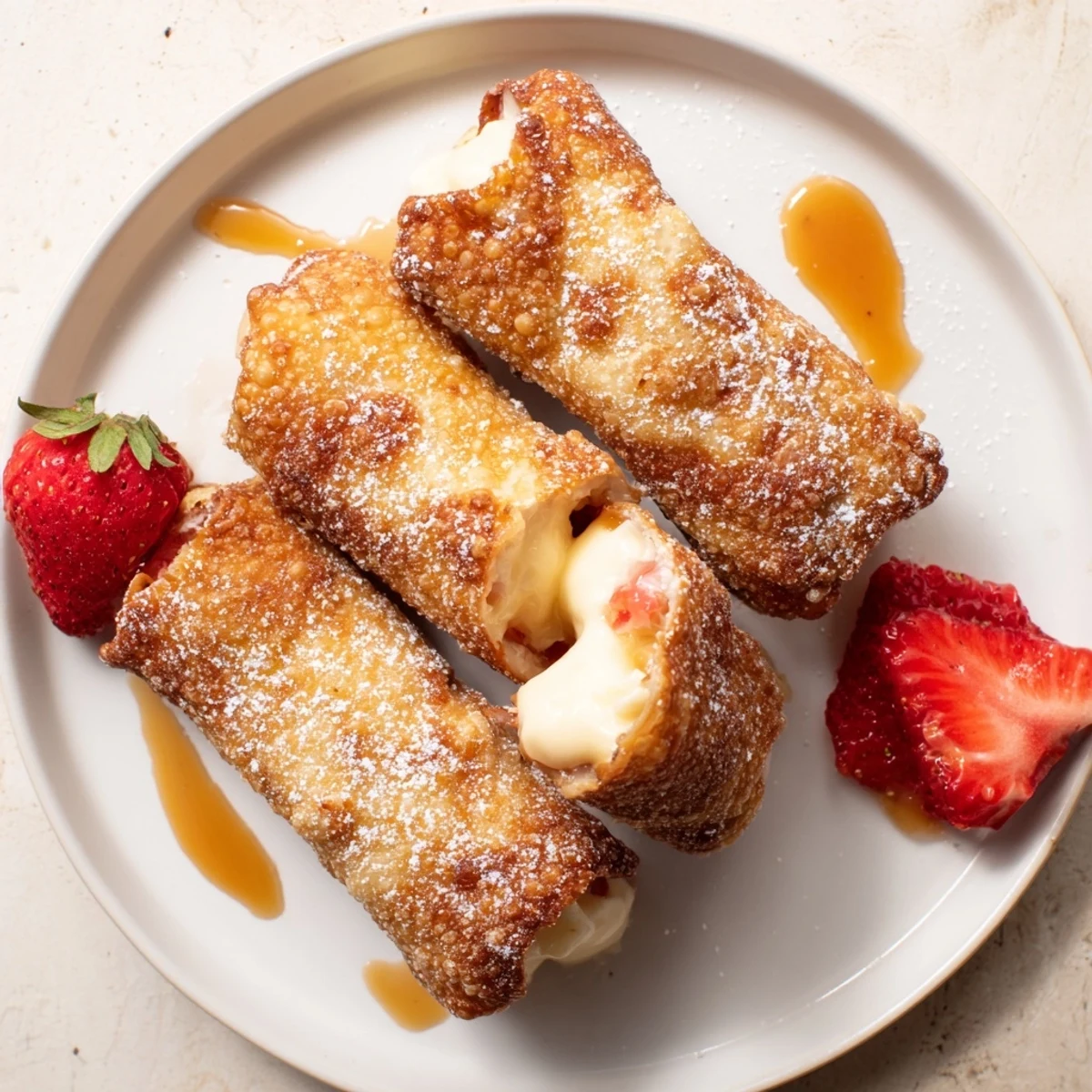 Crunchy cheesecake egg rolls arranged on a platter with berry compote alongside