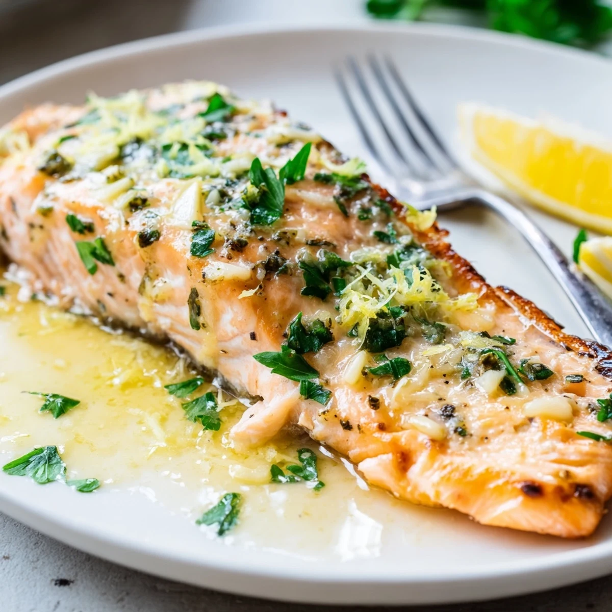 Golden garlic butter salmon fillet glistening in a rich, lemony pan sauce