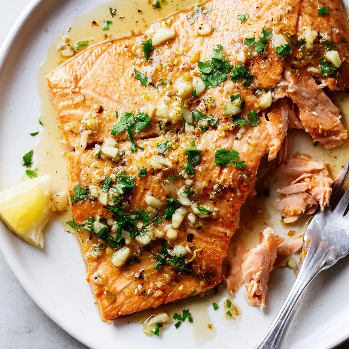 Flaky garlic butter salmon drizzled with melted herb sauce on a plate