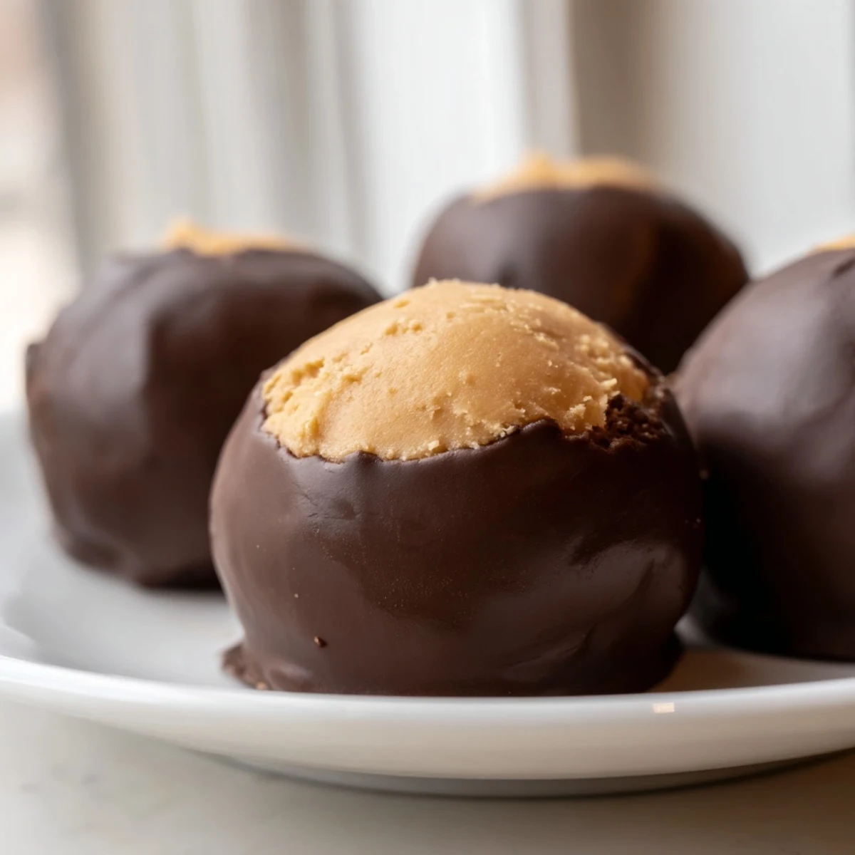 Creamy buckeye cookies with golden peanut butter tops dipped in glossy chocolate