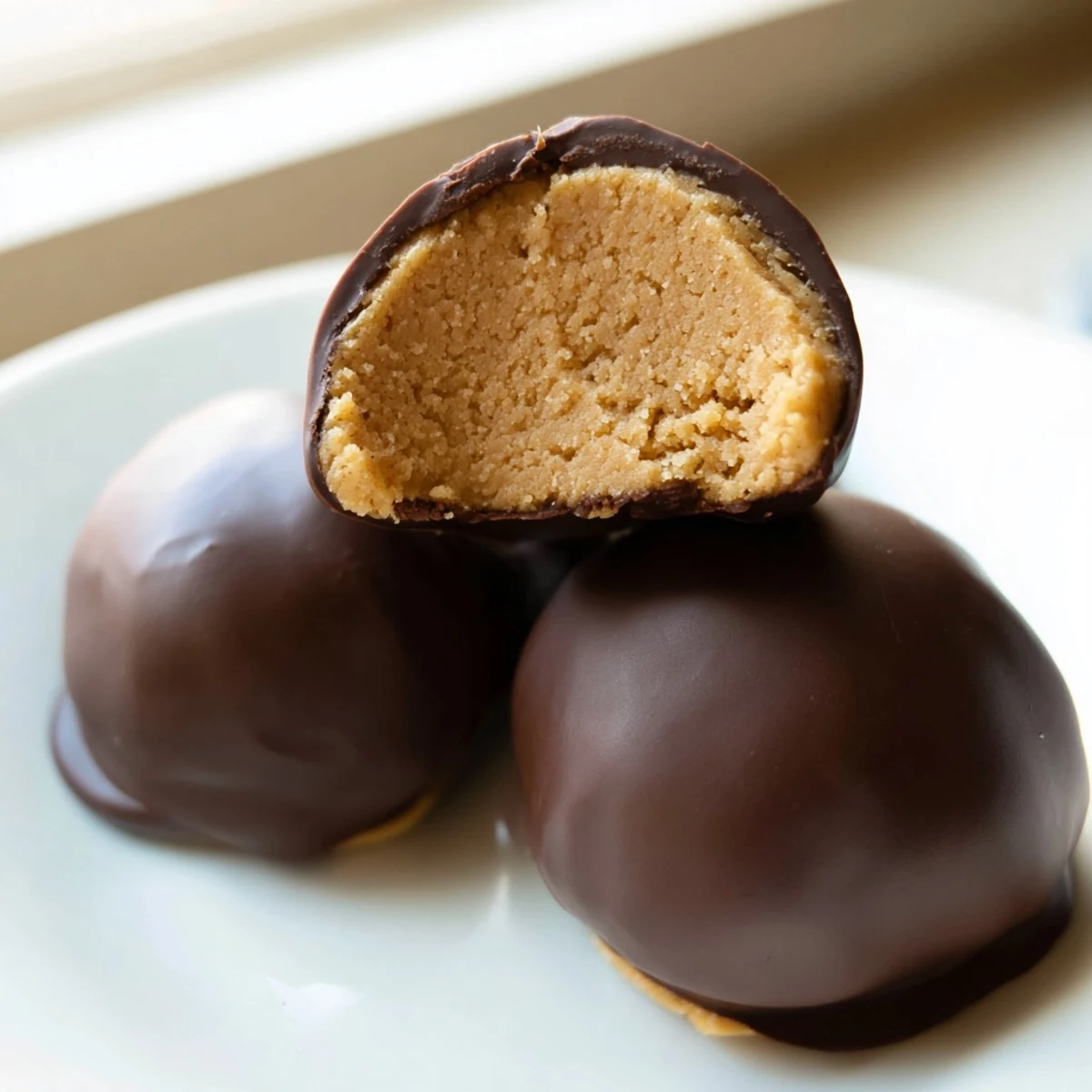 No-bake buckeye cookies featuring smooth peanut butter balls coated in melted semisweet chocolate