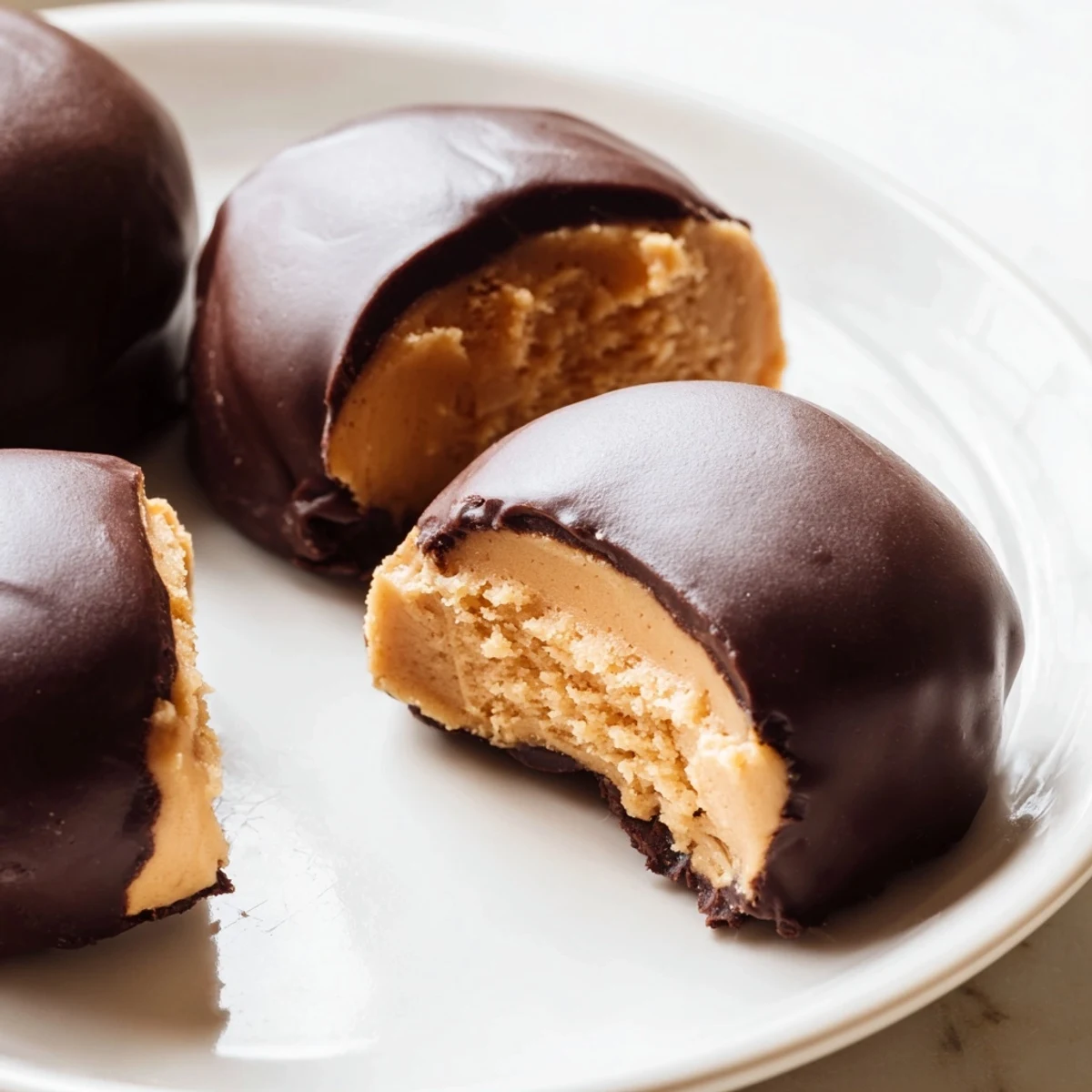Rich chocolate-dipped buckeye cookies arranged on a rustic holiday baking tray