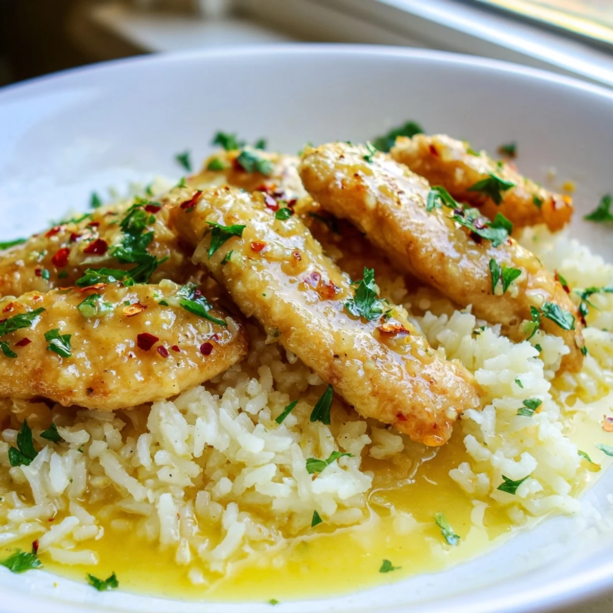Golden seared chicken scampi served over creamy garlic parmesan rice with lemon butter sauce