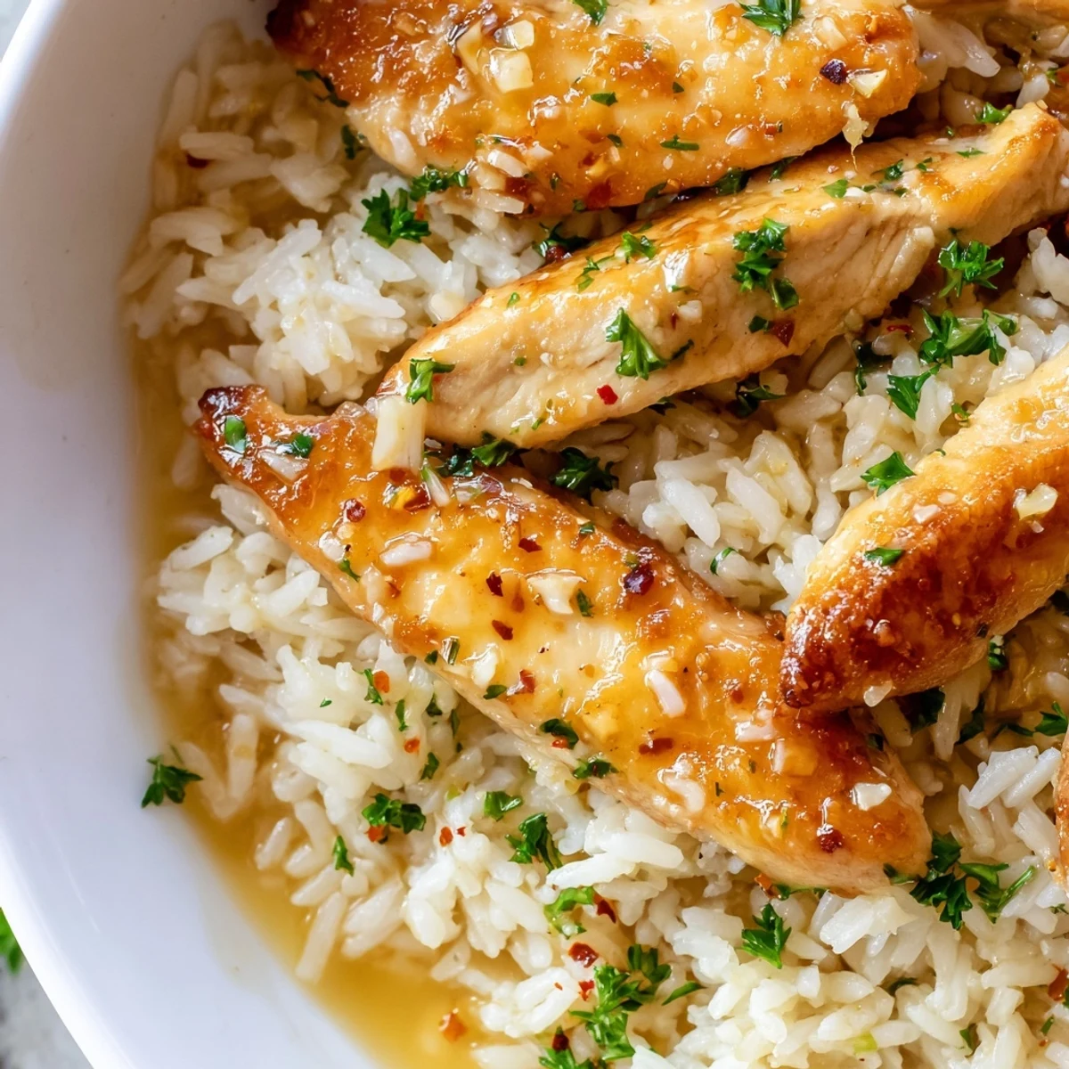 Tender chicken scampi with garlic parmesan rice garnished with fresh parsley and extra cheese