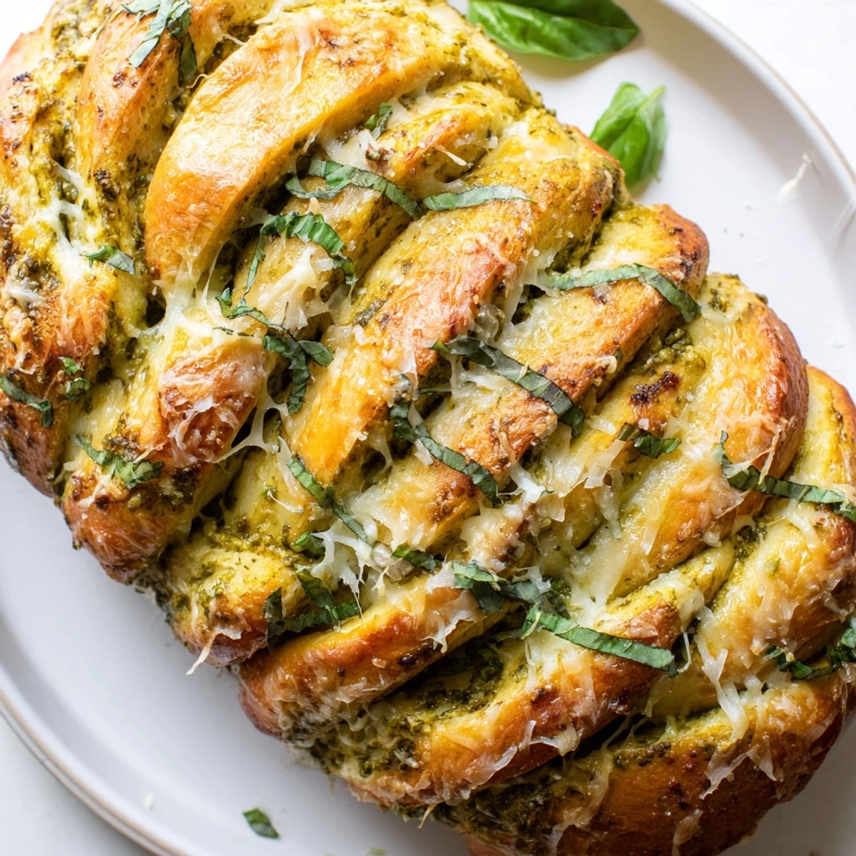 Golden cheesy braided pesto bread with bubbling mozzarella on a rustic cutting board