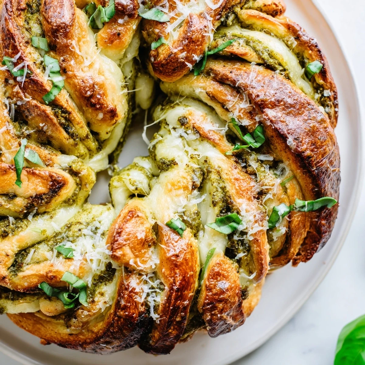 Warm cheesy braided pesto bread sliced open revealing gooey melted cheese filling