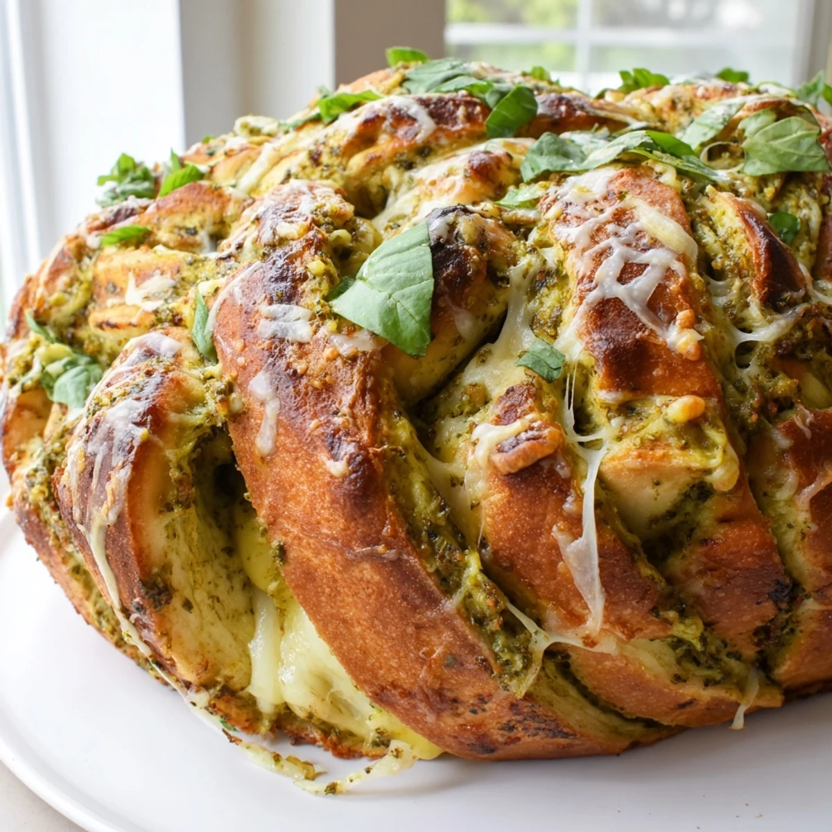 Cheesy braided pesto bread fresh from the oven with aromatic basil and parmesan