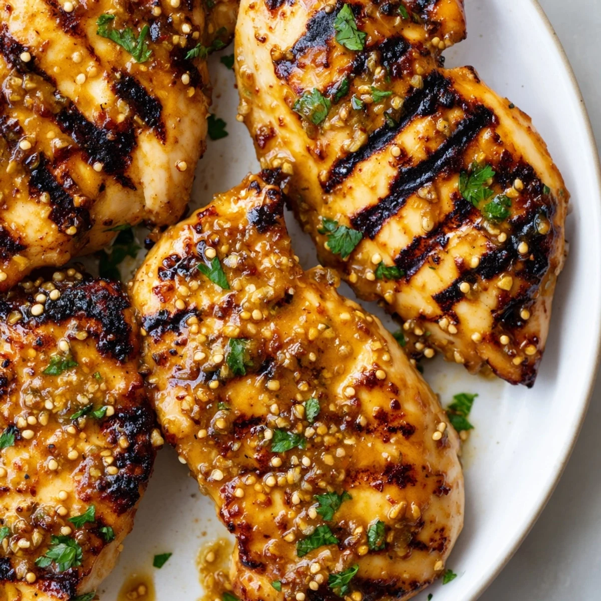 Golden grilled honey mustard chicken with charred edges resting on a rustic wooden cutting board