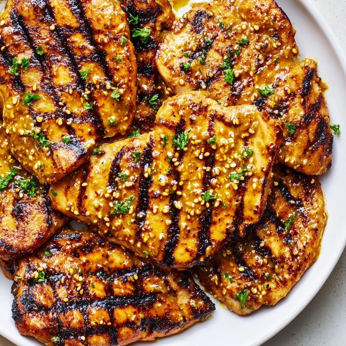 Juicy grilled honey mustard chicken breasts glistening with glossy tangy sweet marinade sliced open
