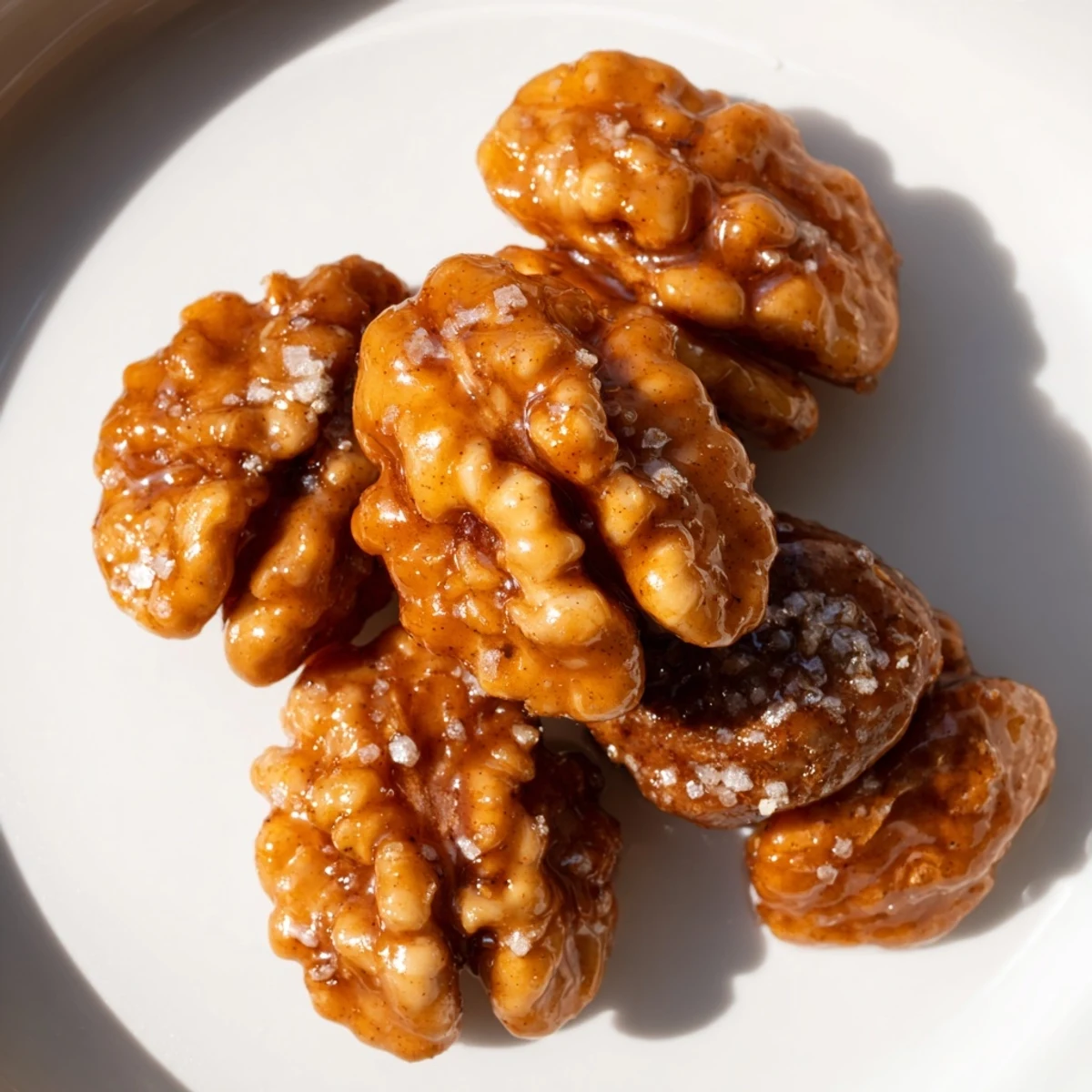 Crunchy maple cinnamon walnuts clustered on a rustic wooden serving board