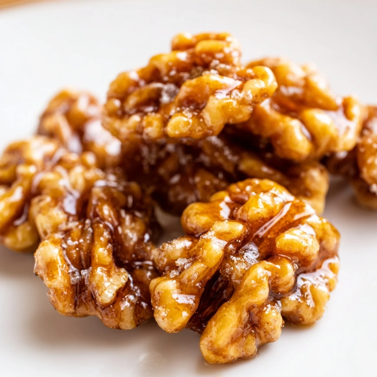 Glossy maple cinnamon walnuts cooling on parchment with a golden caramelized coating