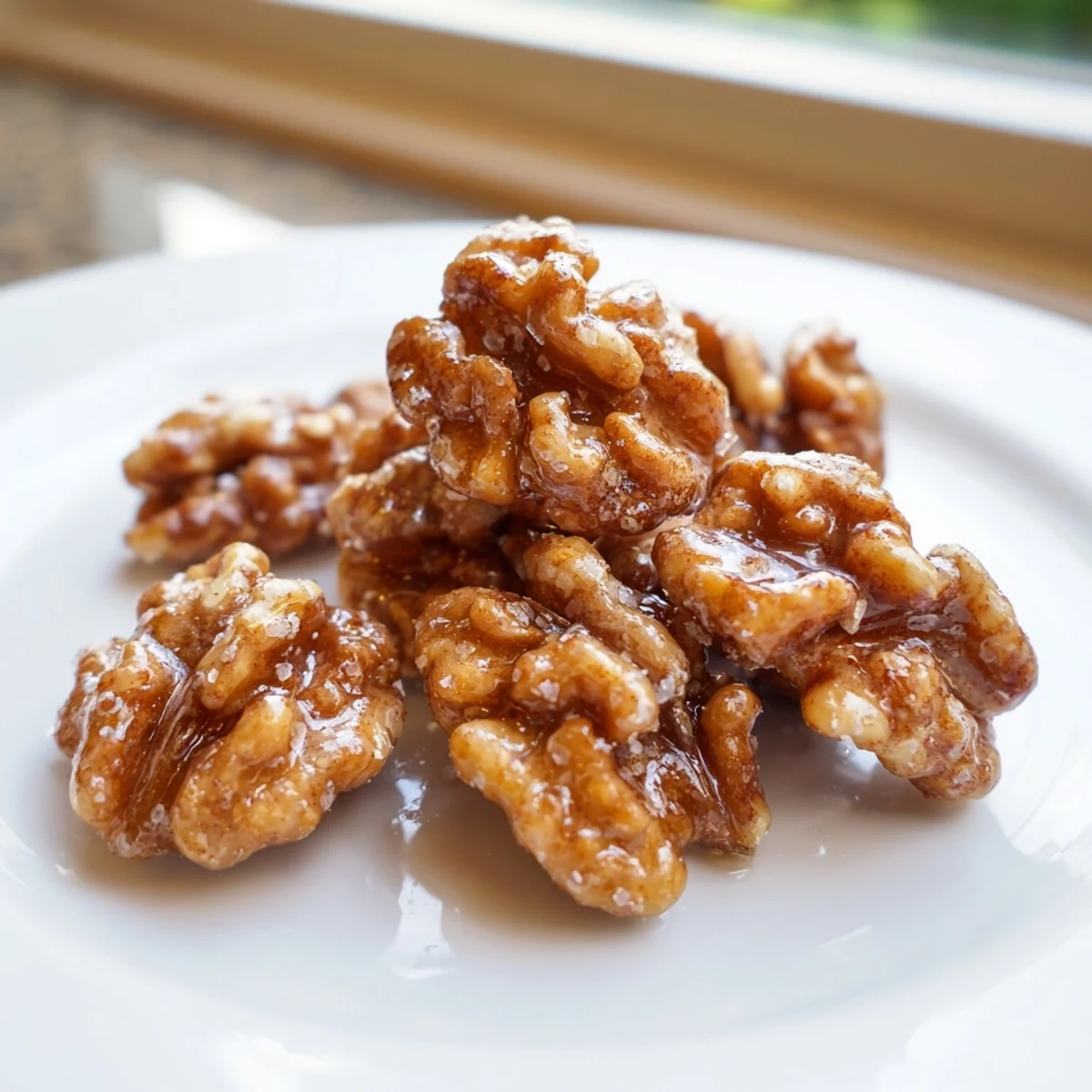 Warm maple cinnamon walnuts glistening with sticky syrup and dusted with fragrant spice