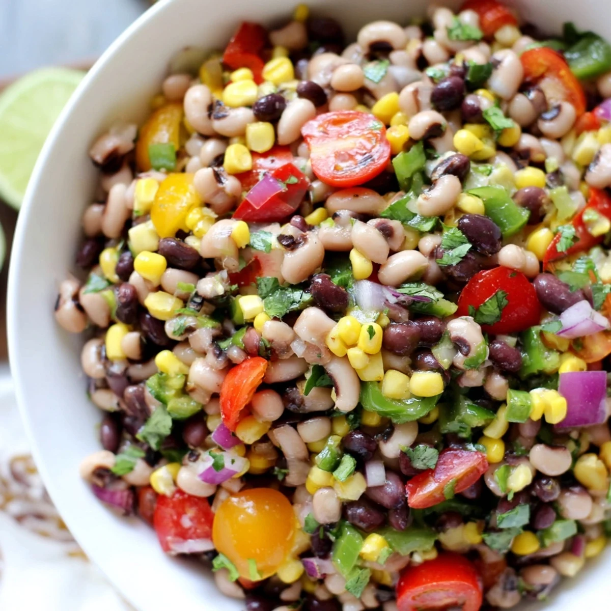 A colorful cowboy caviar recipe in a bowl with tortilla chips alongside