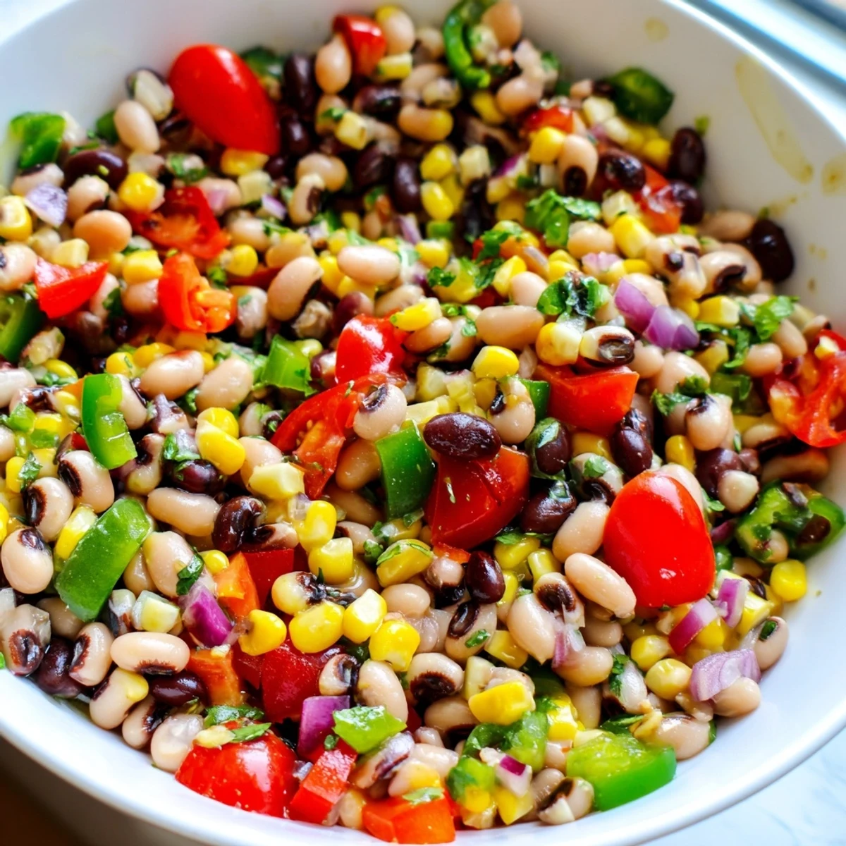 A close-up of a cowboy caviar recipe served as a vibrant party dip