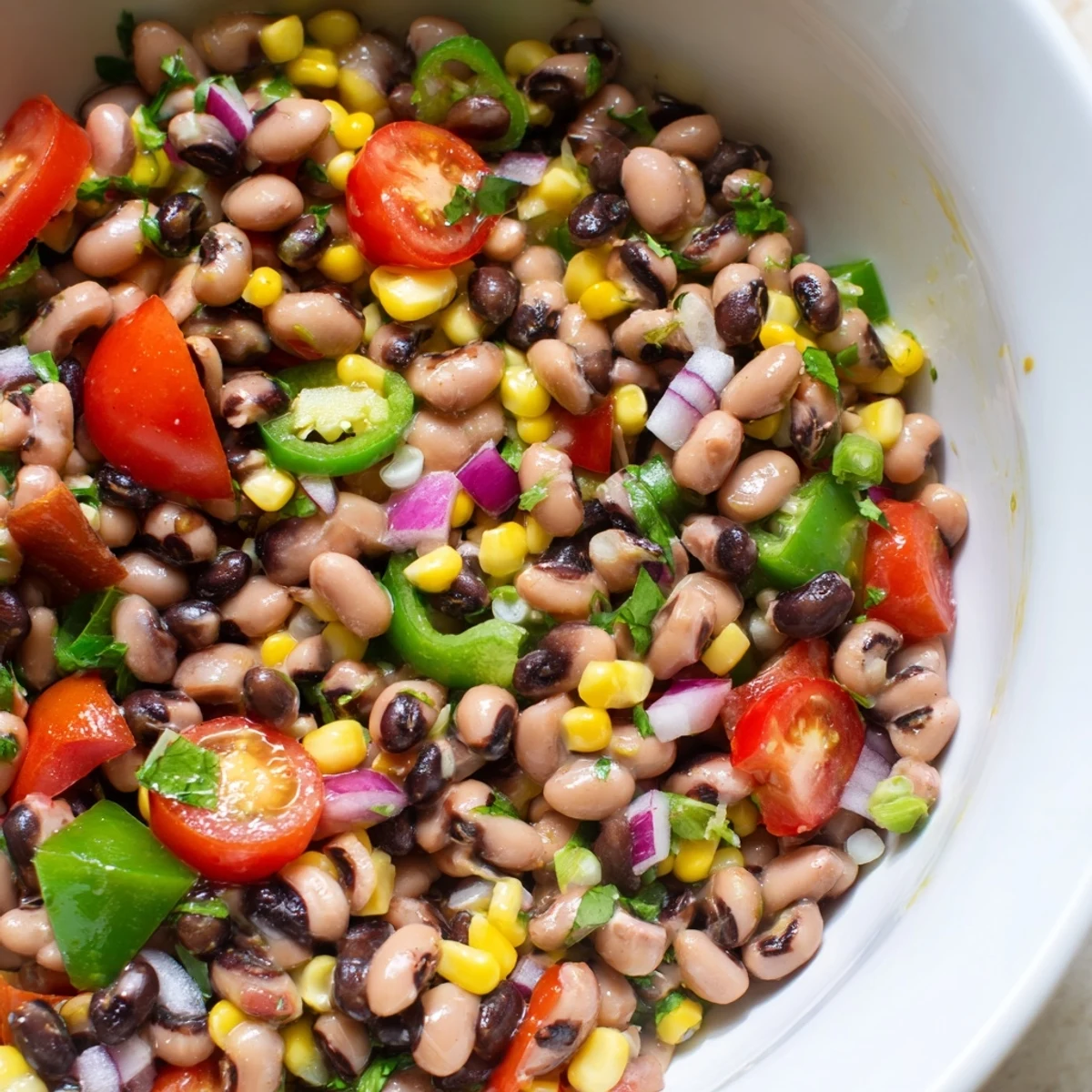 A cowboy caviar recipe featuring black beans, corn, and a bright lime dressing