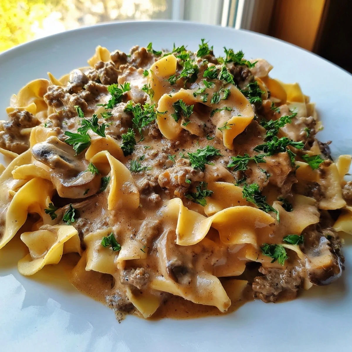 Hearty Hamburger Stroganoff with creamy sauce cascading over tender egg noodles