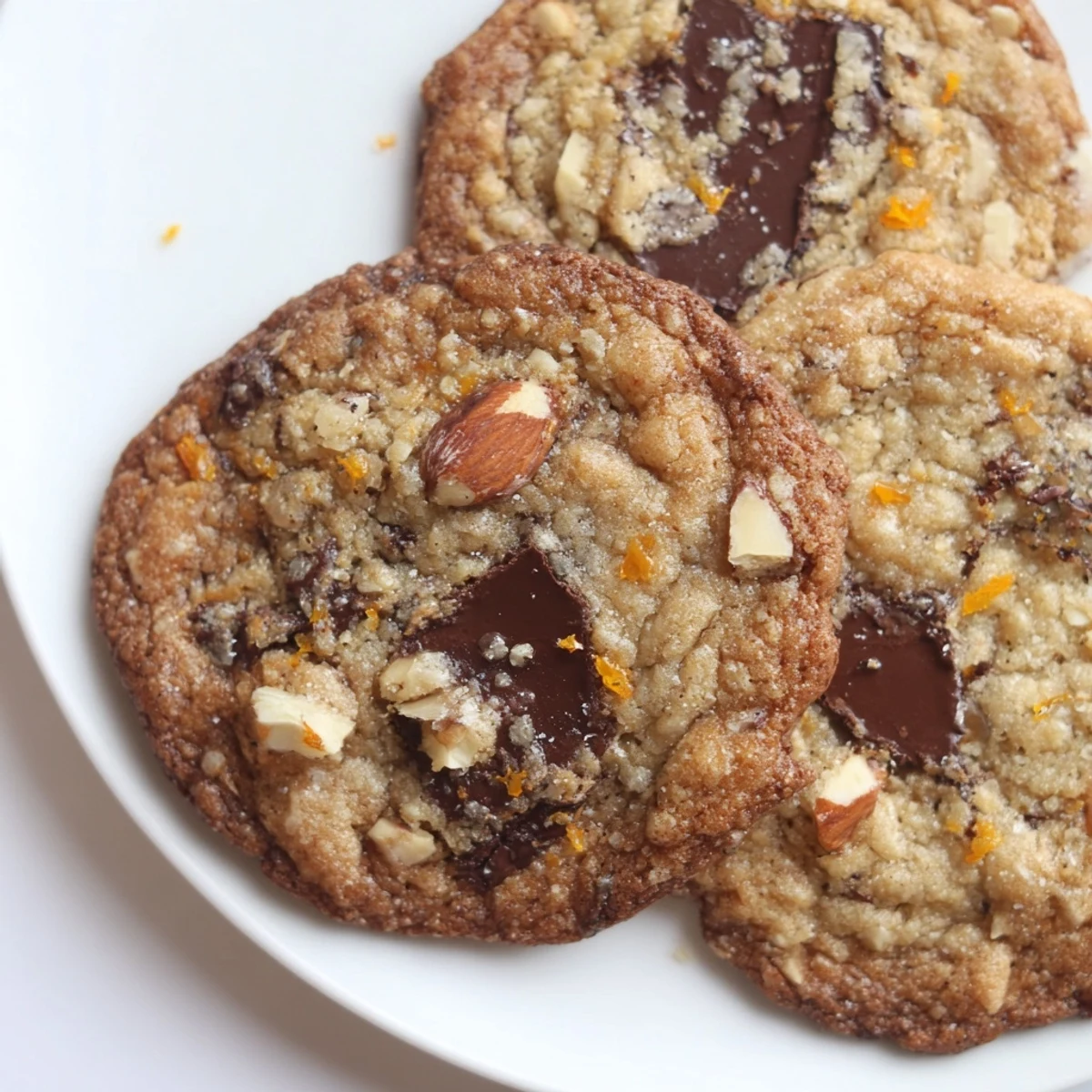 Golden orange almond chocolate chunk cookies fresh from the oven on parchment paper.