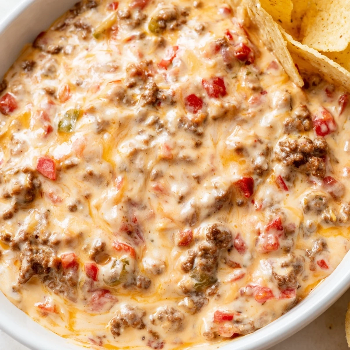 Creamy Crockpot Rotel Dip served warm with tortilla chips for game day