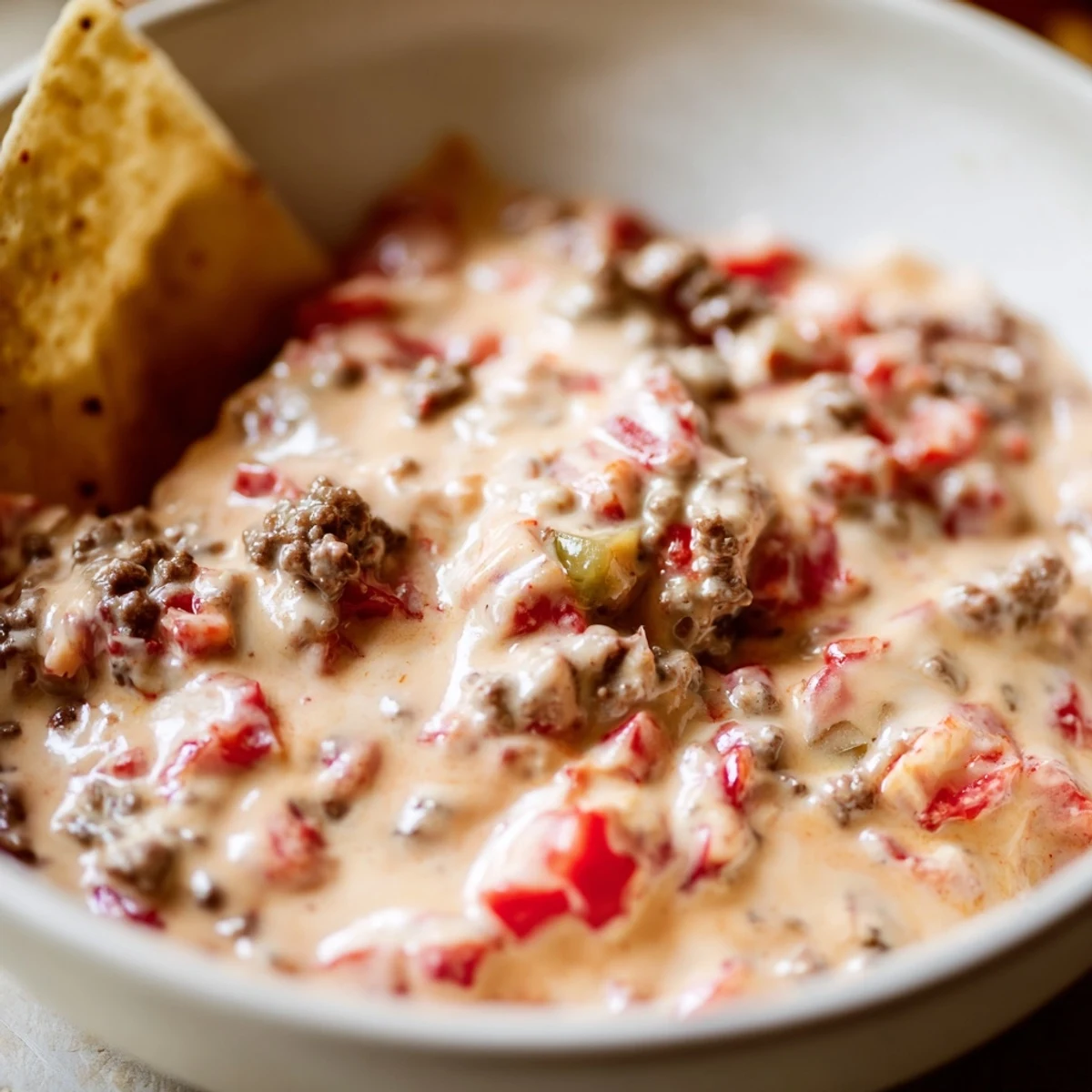 Golden Creamy Crockpot Rotel Dip garnished with cilantro beside crispy tortilla chips