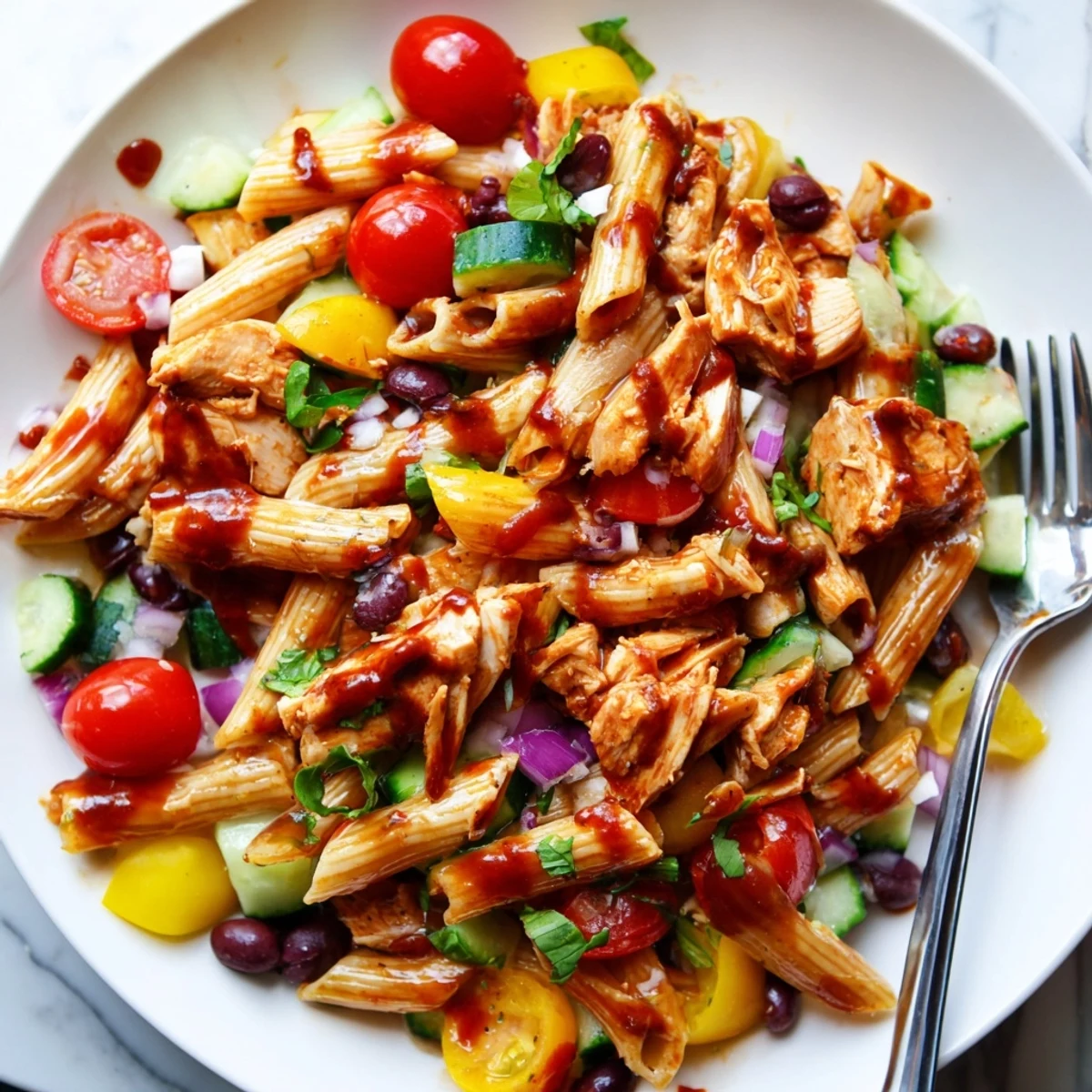 Zesty high protein BBQ chicken pasta salad in a bowl with creamy tangy dressing
