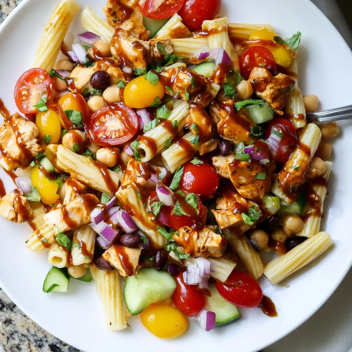 Colorful BBQ chicken pasta salad loaded with smoky diced chicken and crisp vegetables