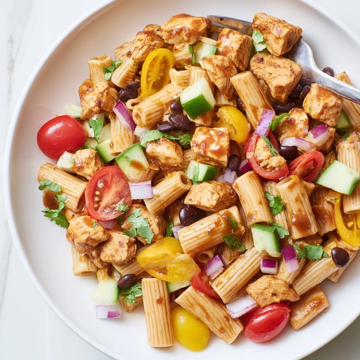 Hearty BBQ chicken pasta salad topped with fresh cilantro and juicy cherry tomatoes