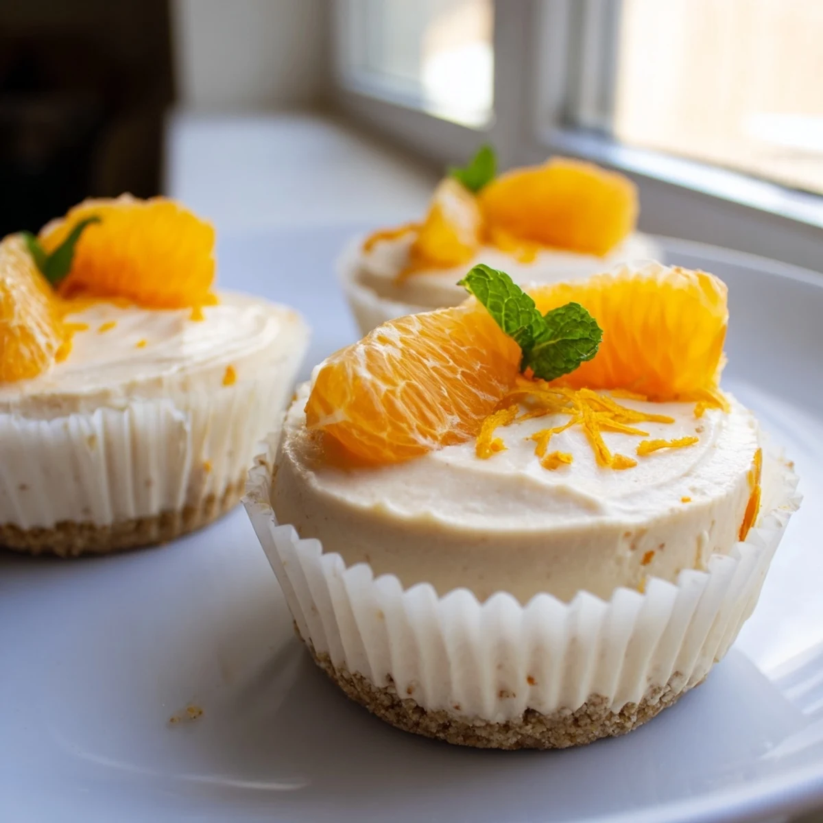 Creamy mini no bake orange cheesecakes topped with fresh citrus segments and mint leaves