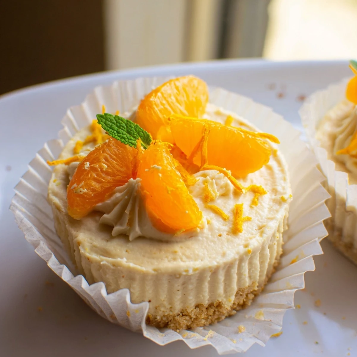 Silky mini no bake orange cheesecakes with vibrant orange zest piled on a buttery biscuit base
