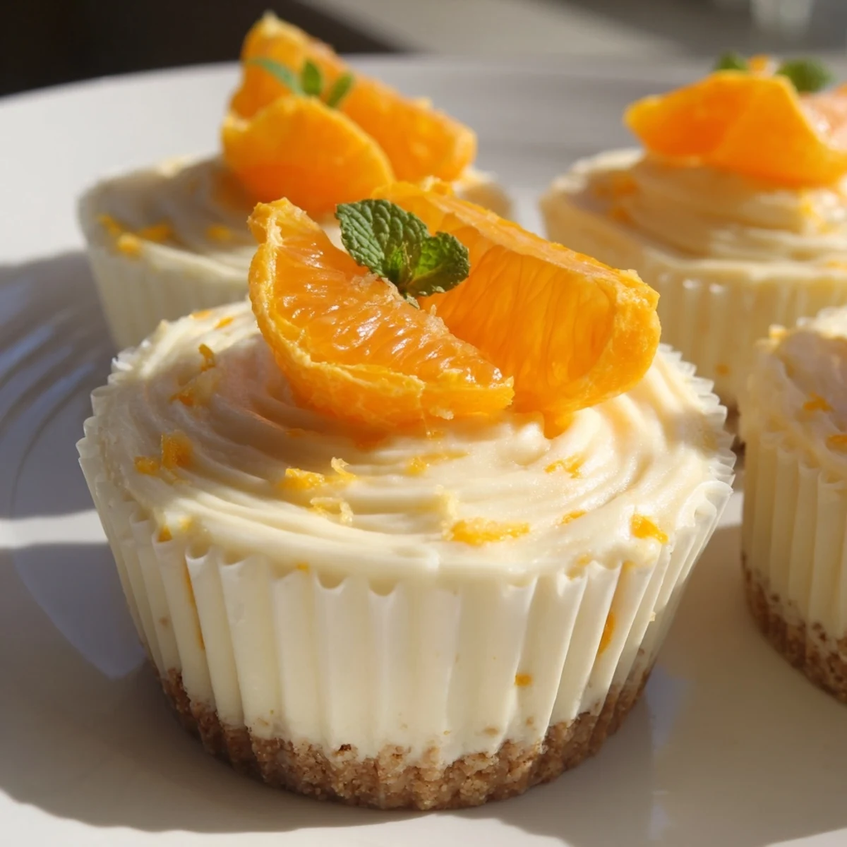 Zesty mini no bake orange cheesecakes nestled in a golden graham cracker crust