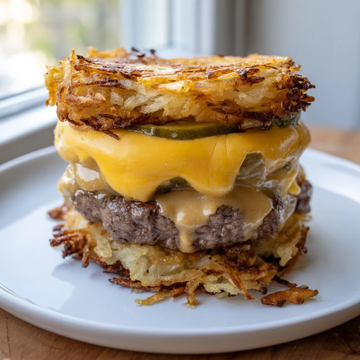 Crispy hash brown smash burgers with golden potato patties and melted cheddar cheese