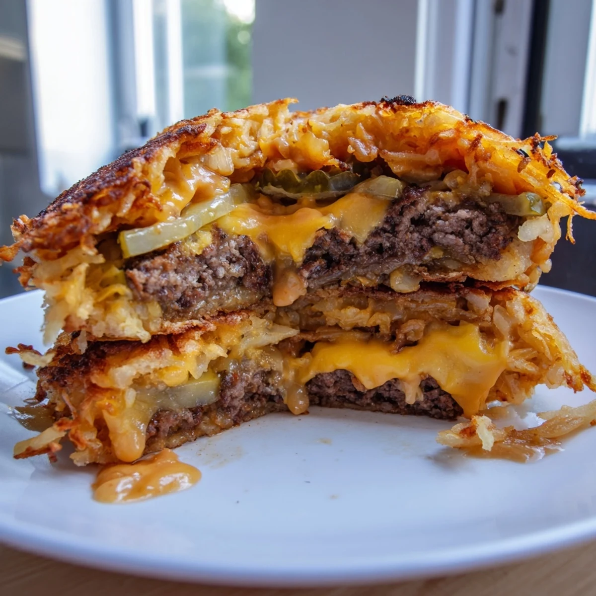 Juicy crispy hash brown smash burgers stacked with pickles tomato and toasted bun