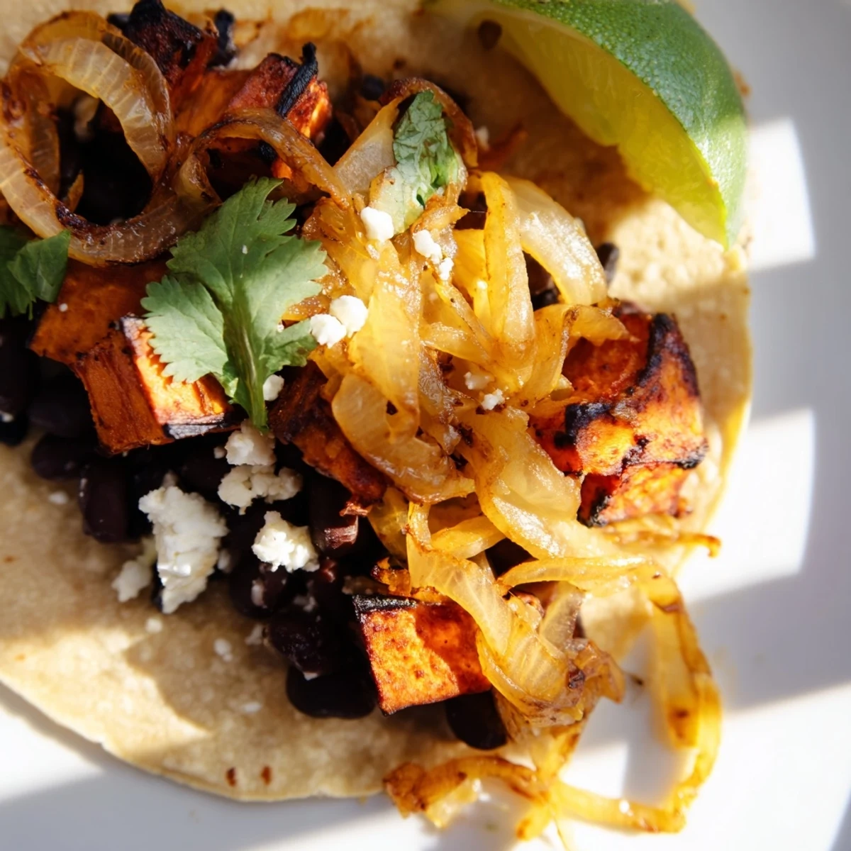 Golden crispy sweet potato bean tacos topped with sautéed onions and fresh cilantro