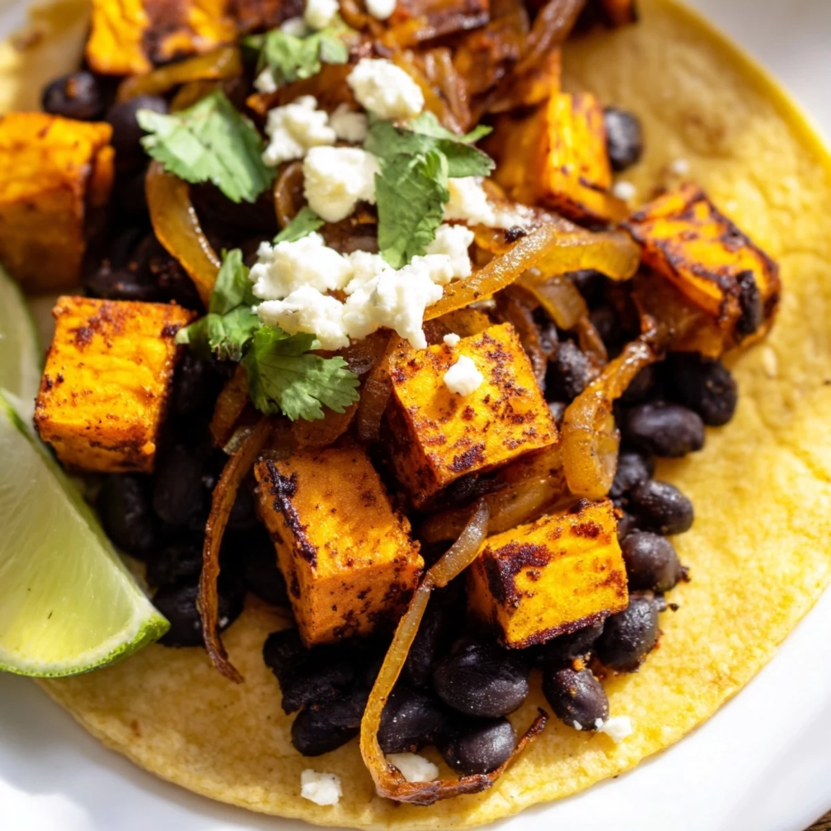 Warm tortillas filled with crispy sweet potato bean tacos and melted queso fresco