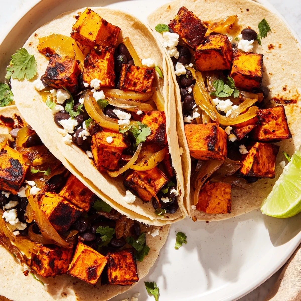 Crispy sweet potato bean tacos with caramelized onions served beside bright lime wedges